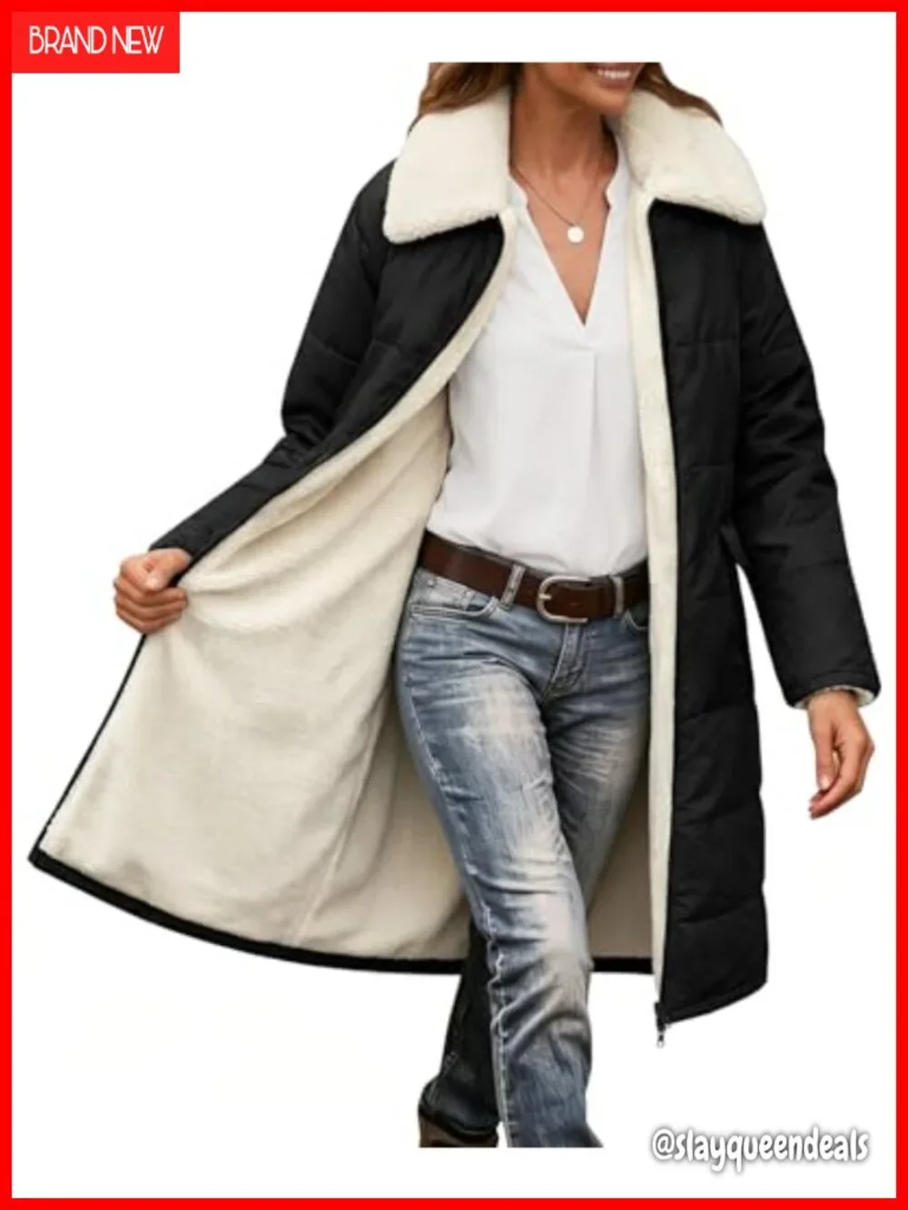 Long Winter Coat Sherpa Fleece Lined Jacket Quilted Puffer Thicken Outerwear